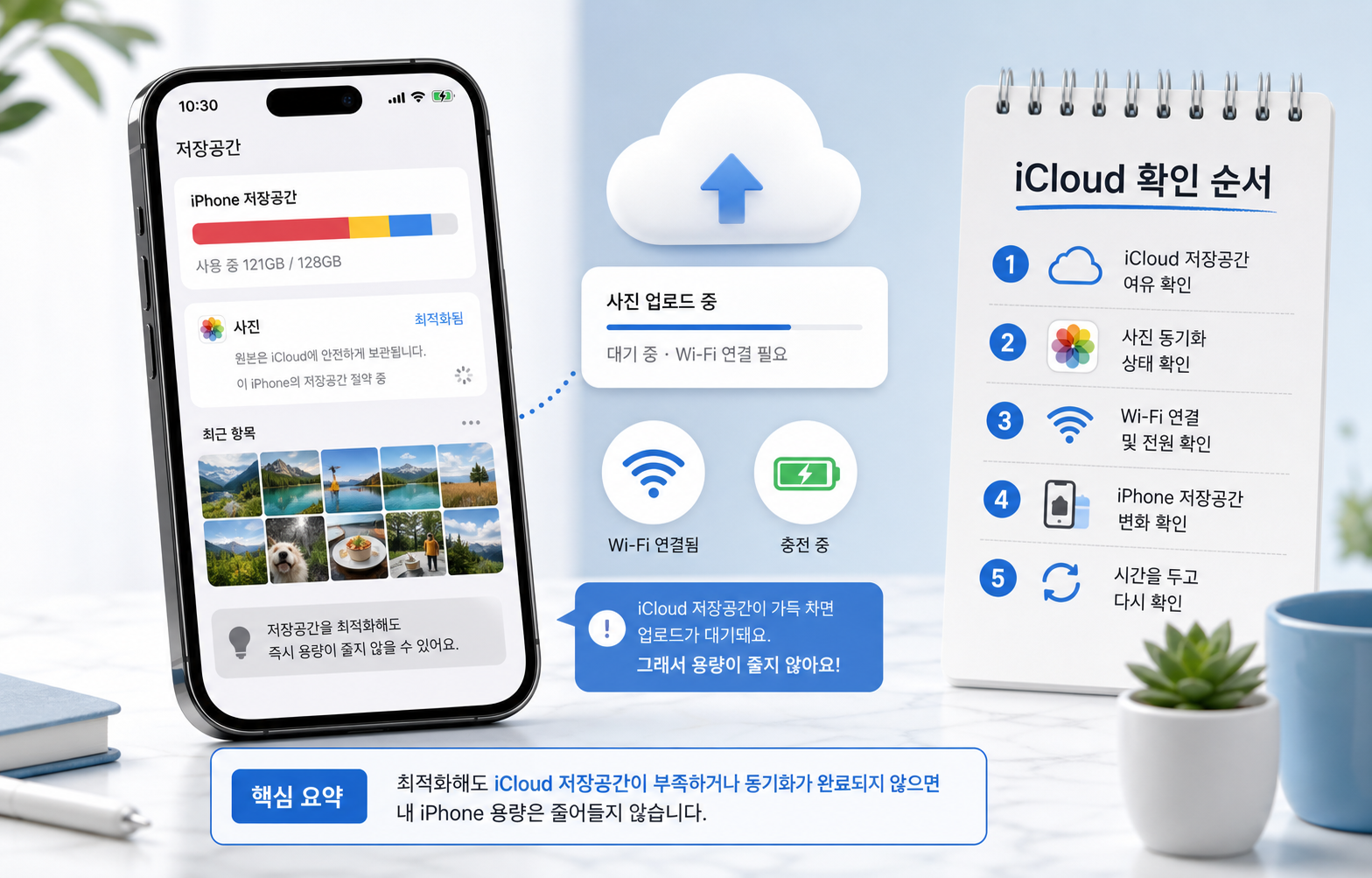 아이폰 저장공간 최적화 후 용량이 줄지 않을 때 iCloud 저장공간과 사진 동기화를 확인하는 대표 이미지
