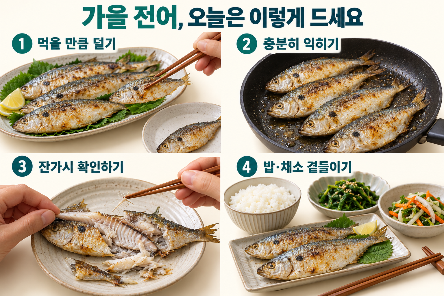 먹는 양을 덜기, 전어를 충분히 익히기, 잔가시를 확인하기, 채소와 밥을 곁들이기를 네 실사 장면으로 정리.