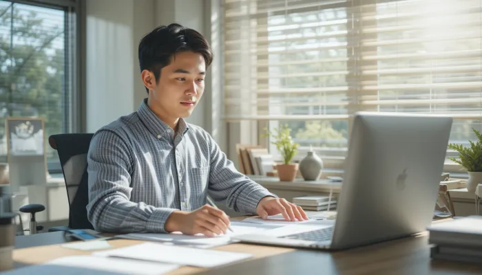 실내 자외선 차단을 위해 블라인드를 내리는 남성