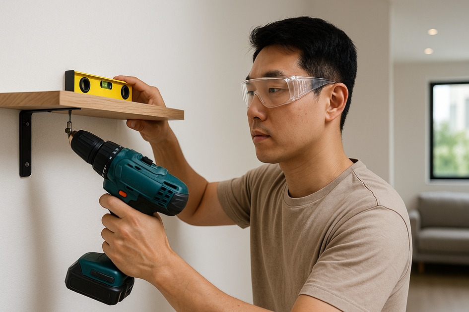 벽선반 설치하는 남성의 모습