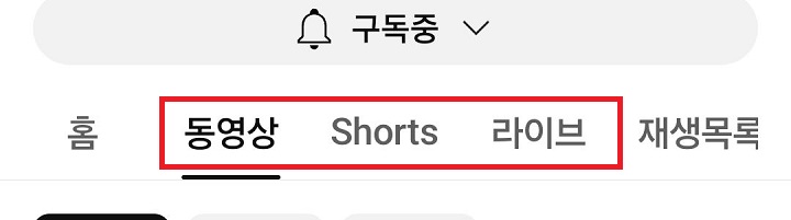 유튜브에 선택할 수 있는 탭 보임