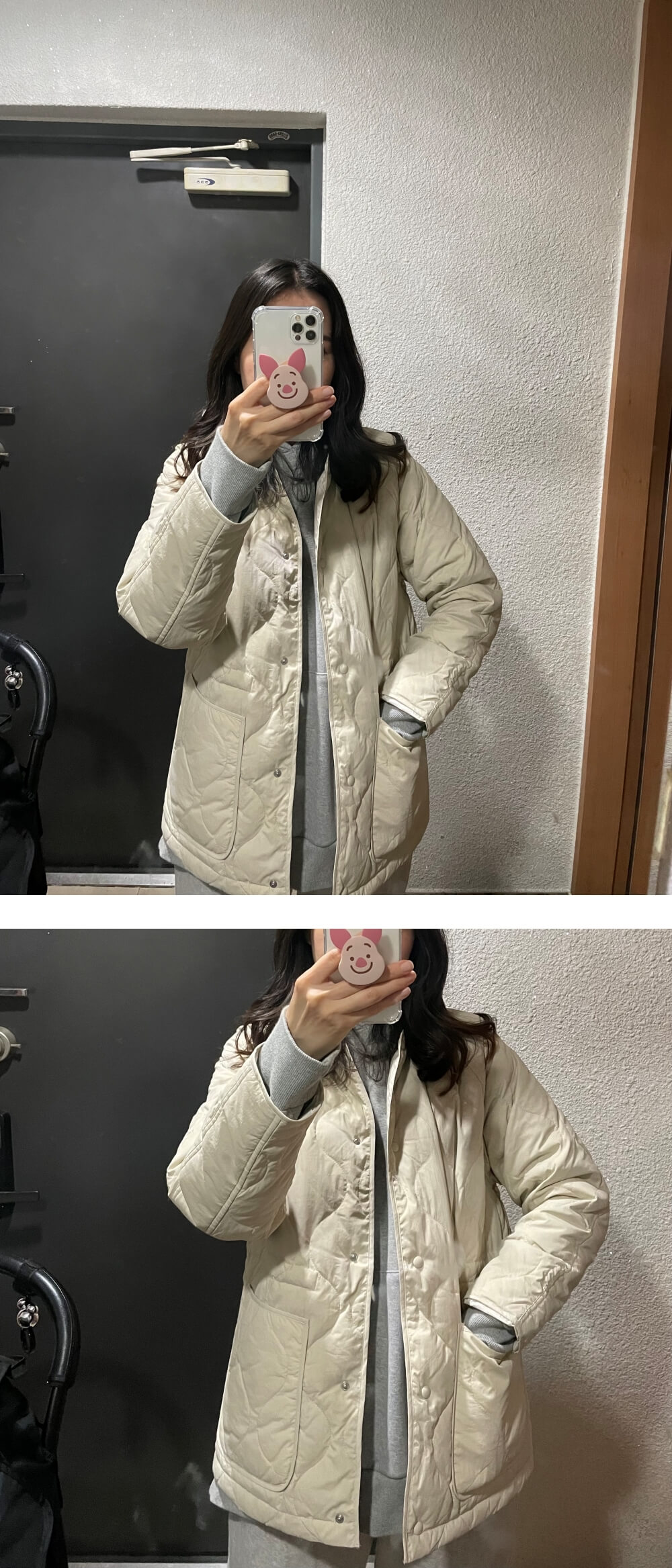 지오다노-어니언-퀄팅-스트링-하프-자켓-착용-모습