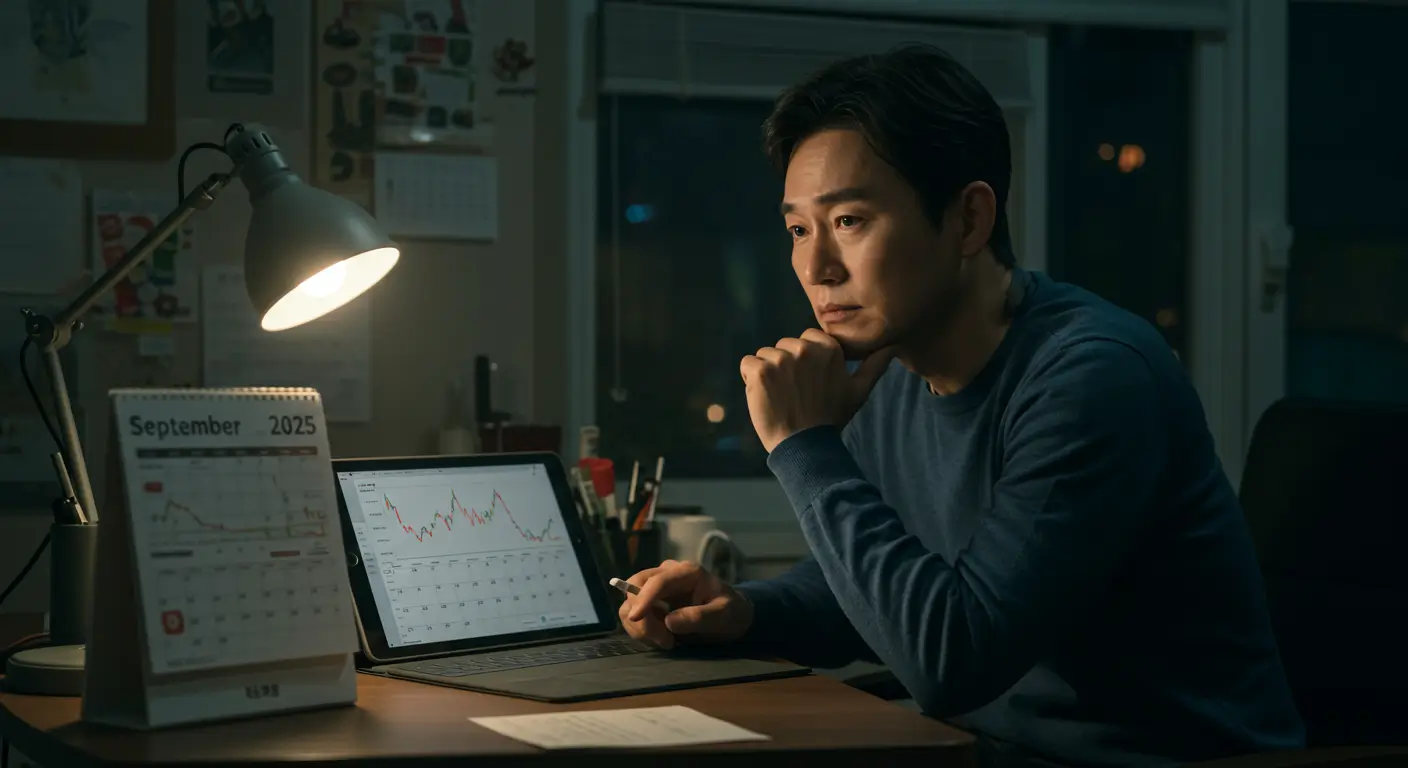 2025년 9월 달력과 금리 인하 그래프를 보며 주택담보대출 대환대출 시기를 고민하는 한국인 가장