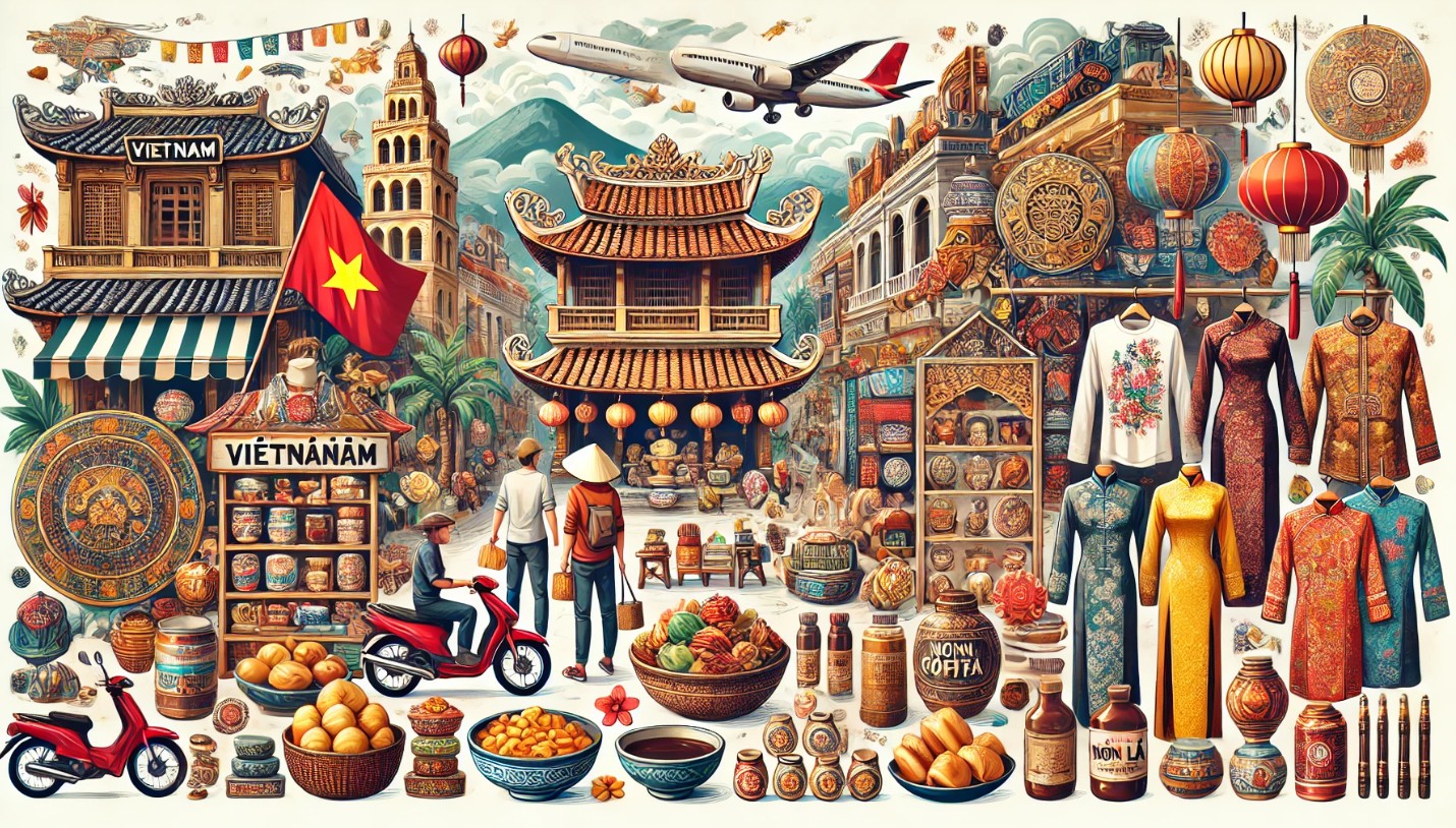 실크 스카프, 손으로 만든 옻칠 공예품, 베트남 커피, 전통 모자(논라), 나무 조각품, 현지 간식 등 다양한 베트남 특산품이 진열된 모습