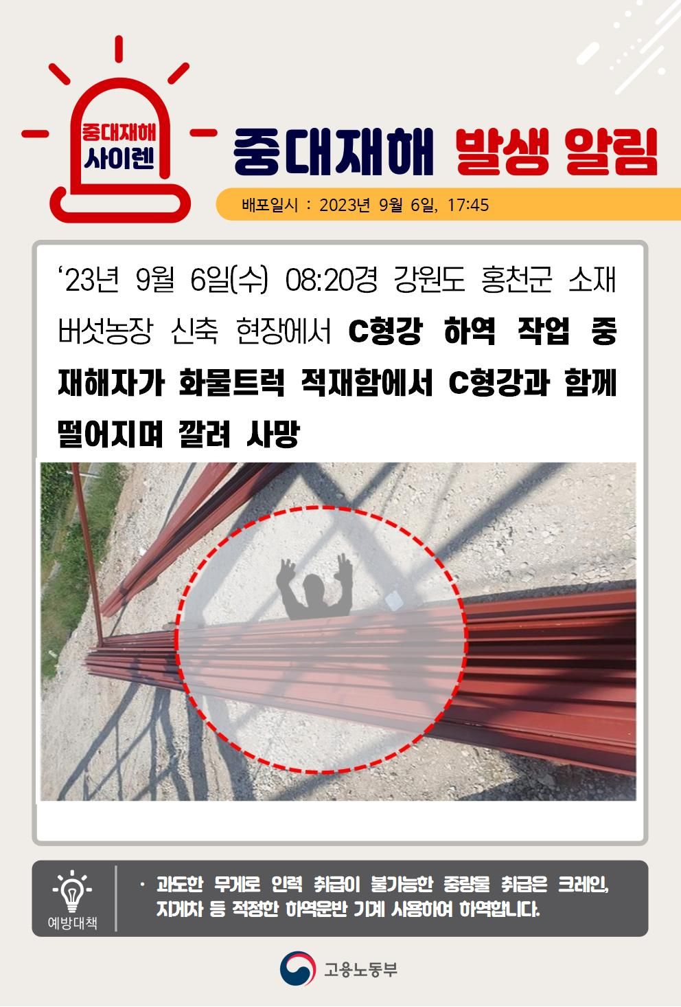 화물트럭에서 C형강 하역 작업 중 깔림