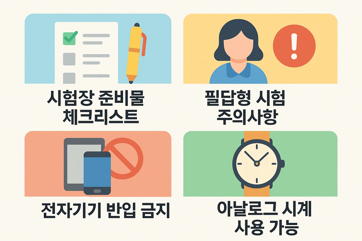 시험장 반입 금지품, 필답형 주의사항, 아날로그 시계 사용 가능 등 실기 대비 준비물 체크리스트 인포그래픽