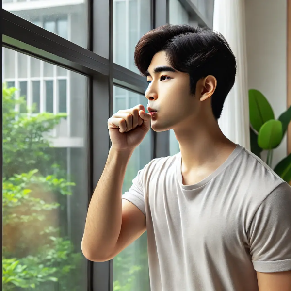 창가에서 깊게 숨을 들이쉬며 안정된 표정을 짓고 있는 동양인 젊은 남성