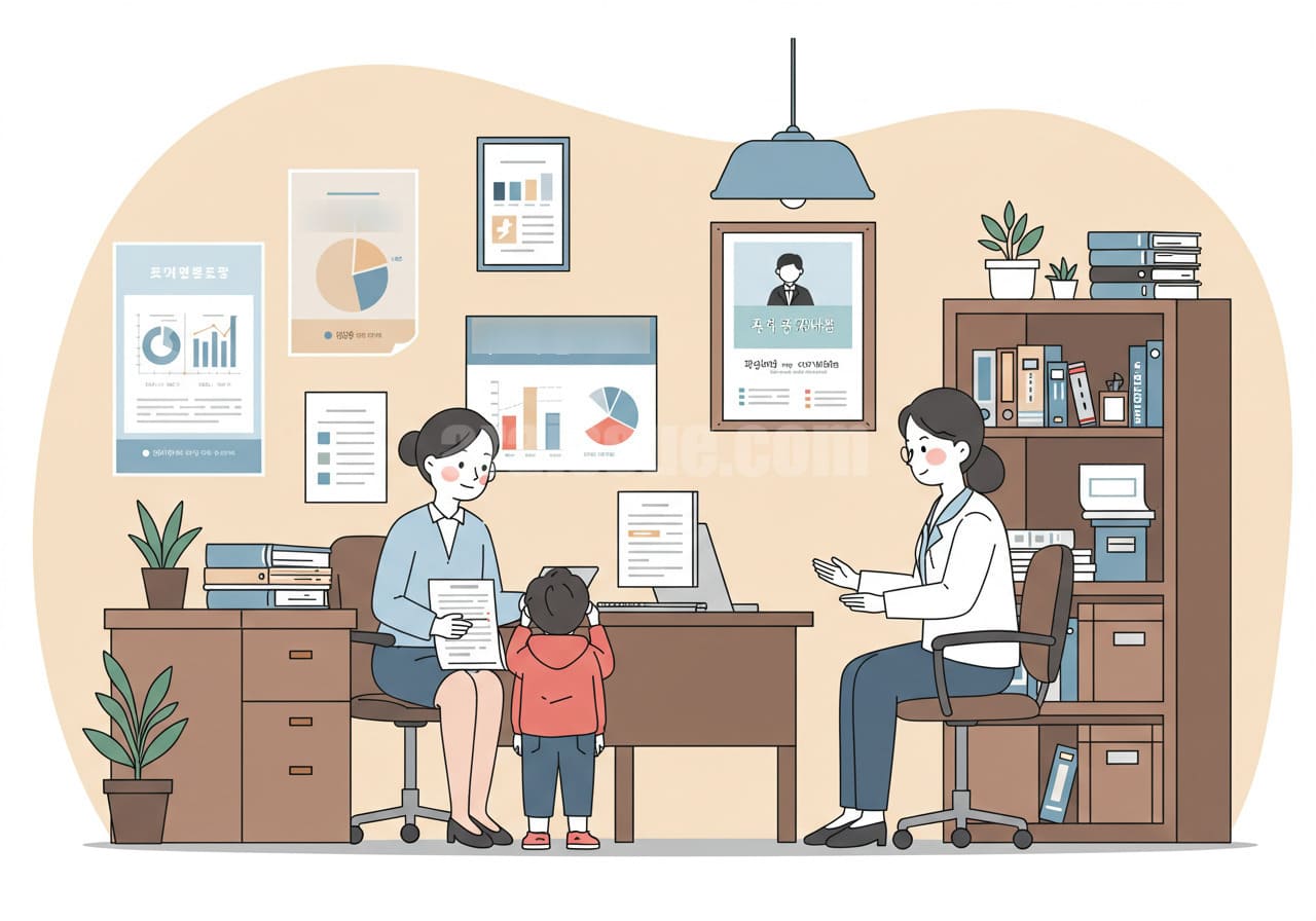 한국 저소득층 가족이 공공기관 상담실에서 건강보험료 관련 제도와 개선방안에 대해 상담하고 있는 장면. 실내는 정책 포스터, 서류, 책장 등으로 채워져 있고, 따뜻한 상담 환경이 연출된 공공서비스 공간.