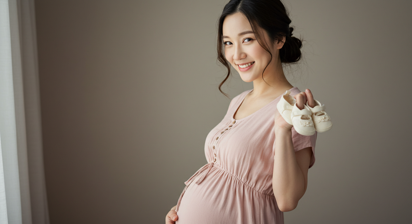 출산 직전. 태어날 아기의 신발을 들고 설레는 웃음을 보이는 30대 예비 엄마.