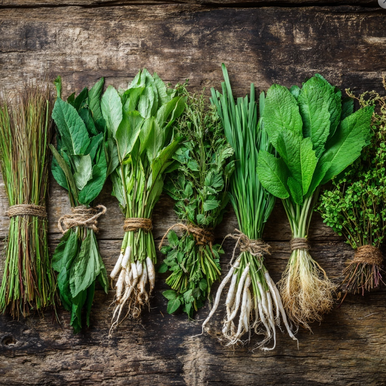 봄나물을 도마위에 가지런히 놓은 모습