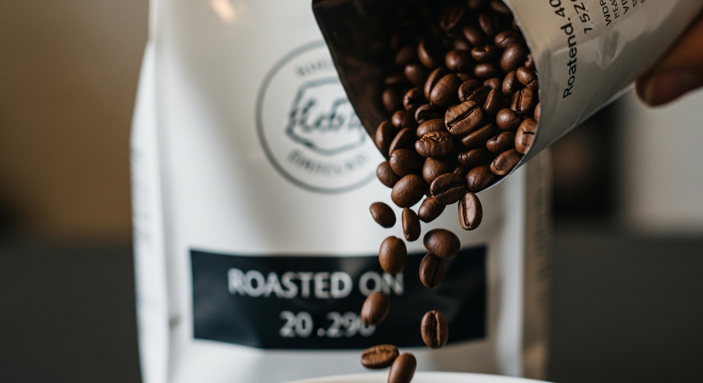 로스팅 날짜가 적힌 포장지에서 쏟아지는 신선한 원두 클로즈업