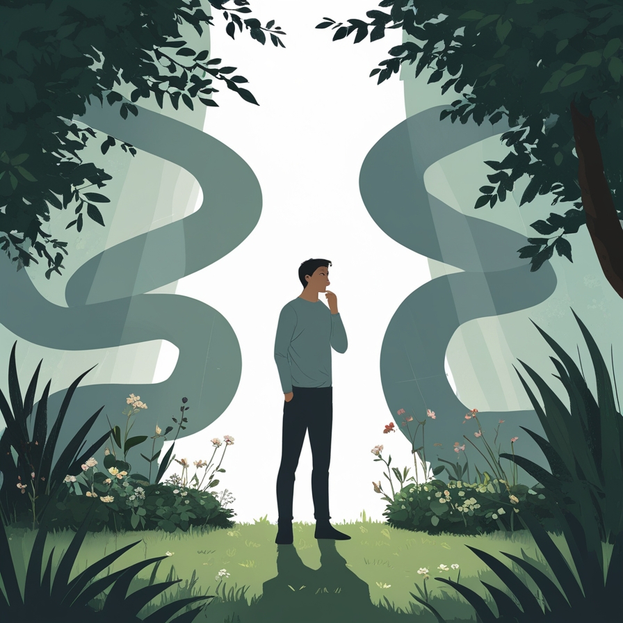 선택의 기로에서 인간의 내면 갈등을 상징적으로 표현한 장면