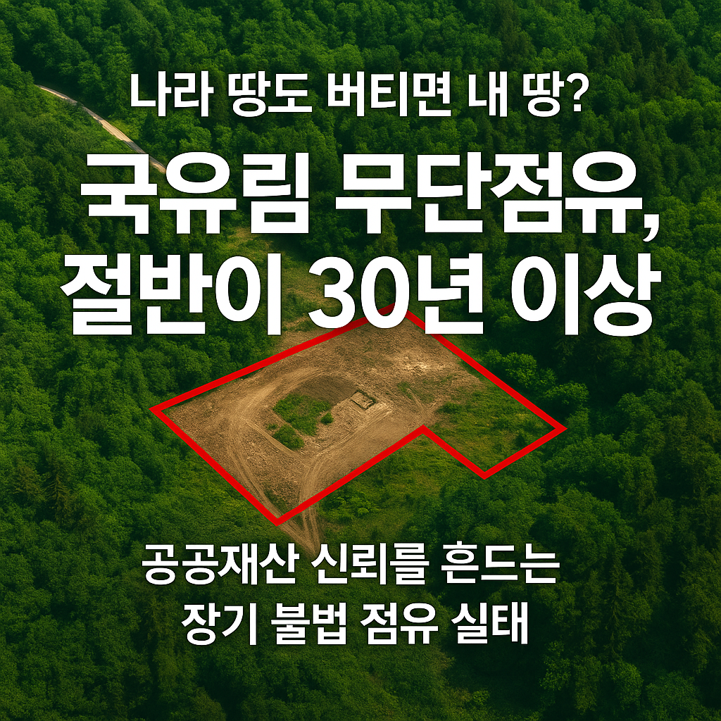 &ldquo;나라 땅도 버티면 내 땅? 국유림 무단점유, 절반이 30년 이상&rdquo;이라는 문구가 강조된 전문가형 블로그 썸네일 이미지