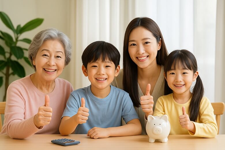 세대가 어우러진 가족이 금융 상품에 만족하며 엄지를 들고 있는 모습