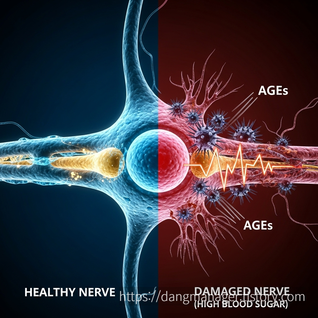 건강한 신경세포와, 높은 혈당과 당독소로 인해 손상되고 파괴된 신경세포를 비교하여 보여주는 3D 의학 이미지