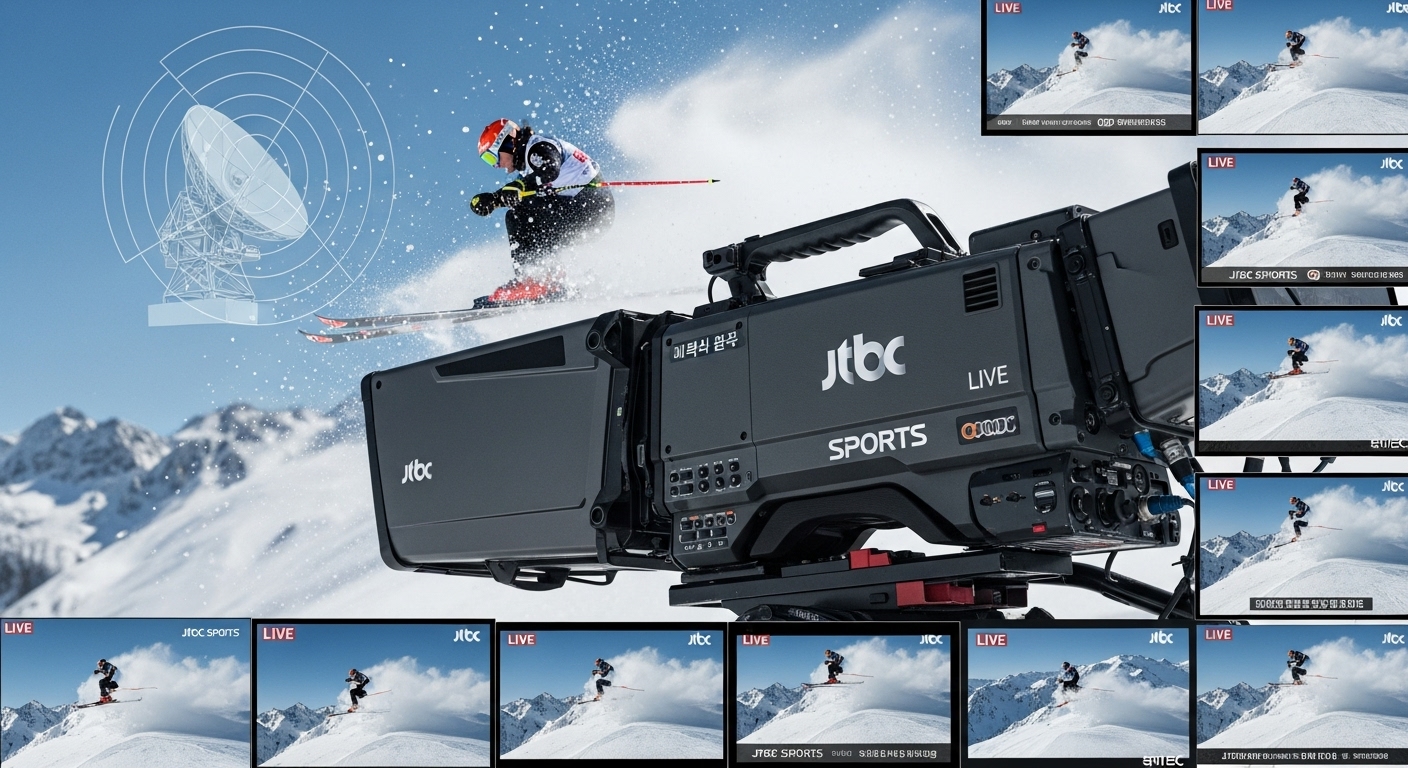 Broadcast camera with JTBC logo filming a skier, transmitting the footage to TVs worldwide.