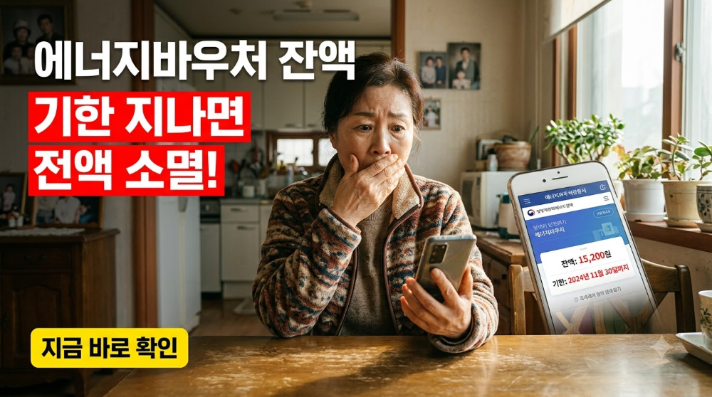 alt="에너지바우처 잔액을 스마트폰으로 확인하며 놀란 표정의 60대 어르신"
