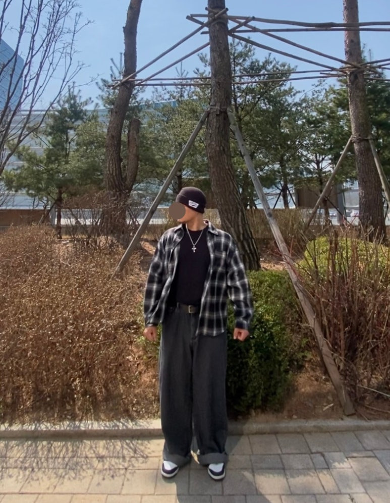 데일리룩('26. 3. 22.)반스 밀포드비니, 빈티지 십자가목걸이, 리메인세컨드 체크셔츠, 무신사스탠다드 티셔츠, 유니클로 벨트, 그리너리크리드 데님팬츠, 나이키 덩크로우 돌고래