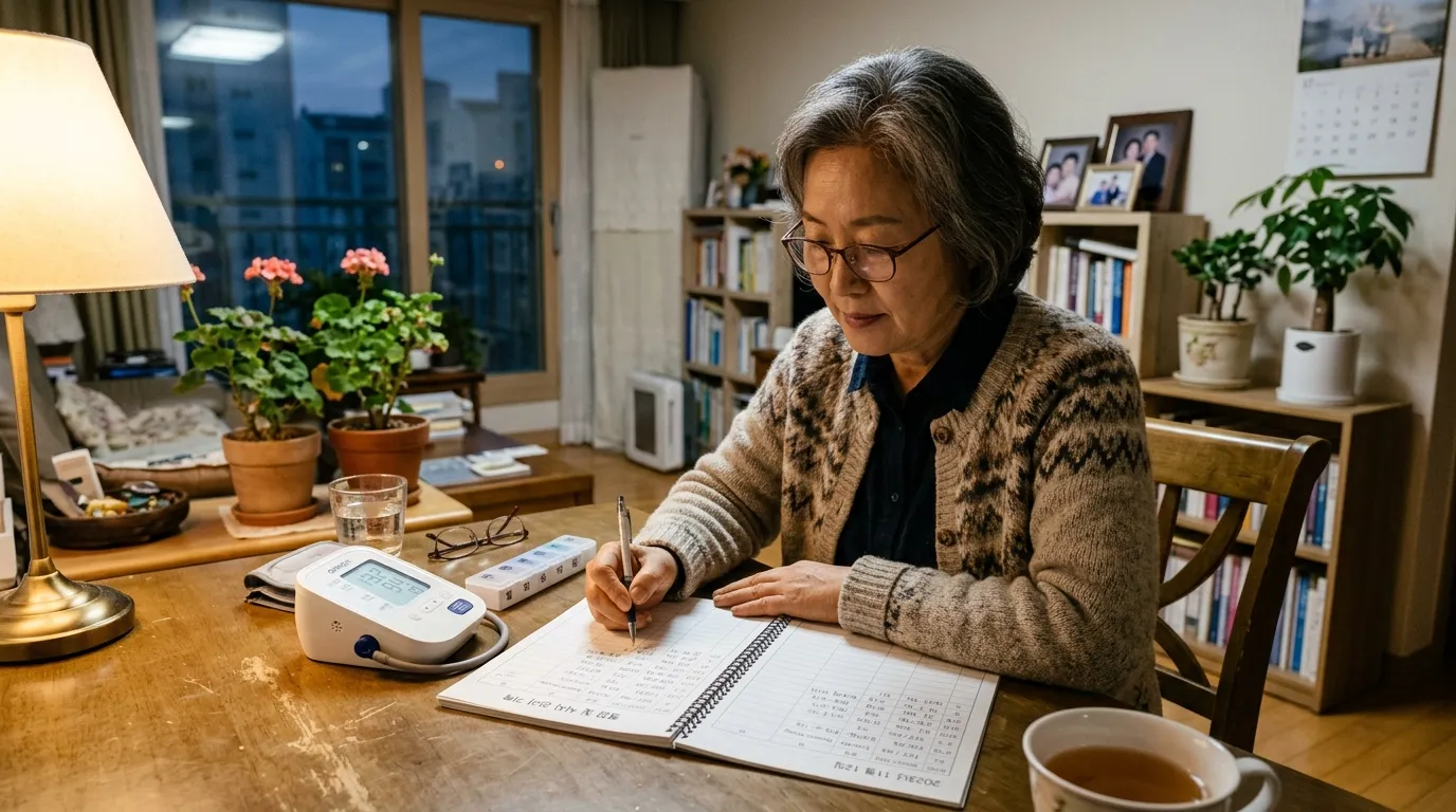 저녁에 혈압과 식사 기록을 정리하는 60대 건강 루틴 장면