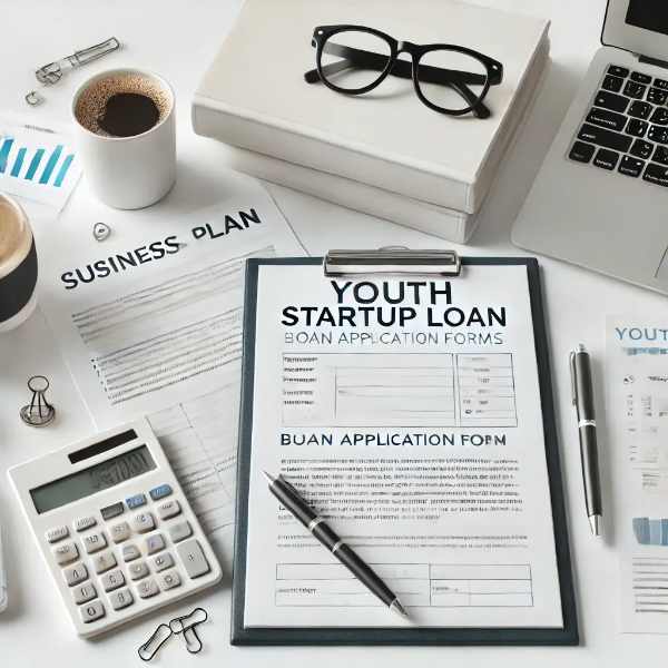창업계획서, 대출 신청서류, 계산기, 노트북이 밝은 배경에 정돈된 이미지, 청년 창업 지원 상징