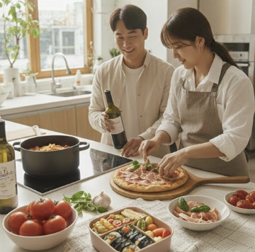 홈데이트를 즐기면서, 외식비용도 줄이고 특별한 테마의 저녁식사를 즐기는 커플의 모습