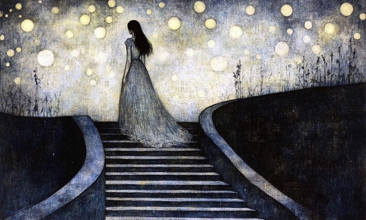 계단 위 혼자 올라가는 여자의 뒷모습