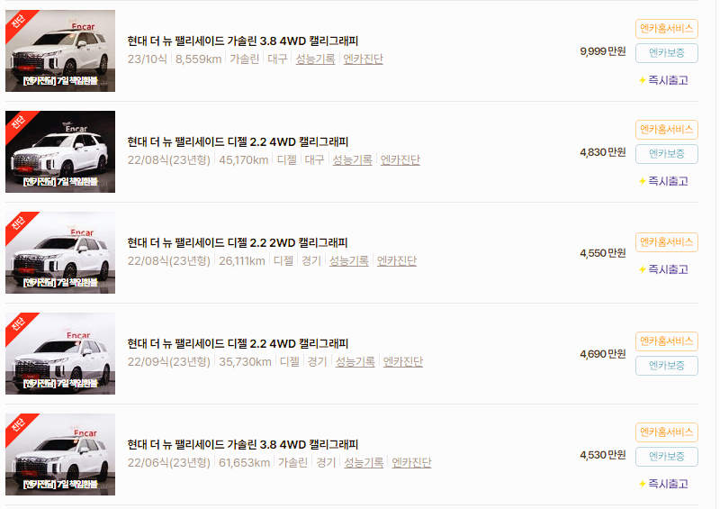 현대 펠리세이드 중고차 가격 시세표 24년 10월 기준