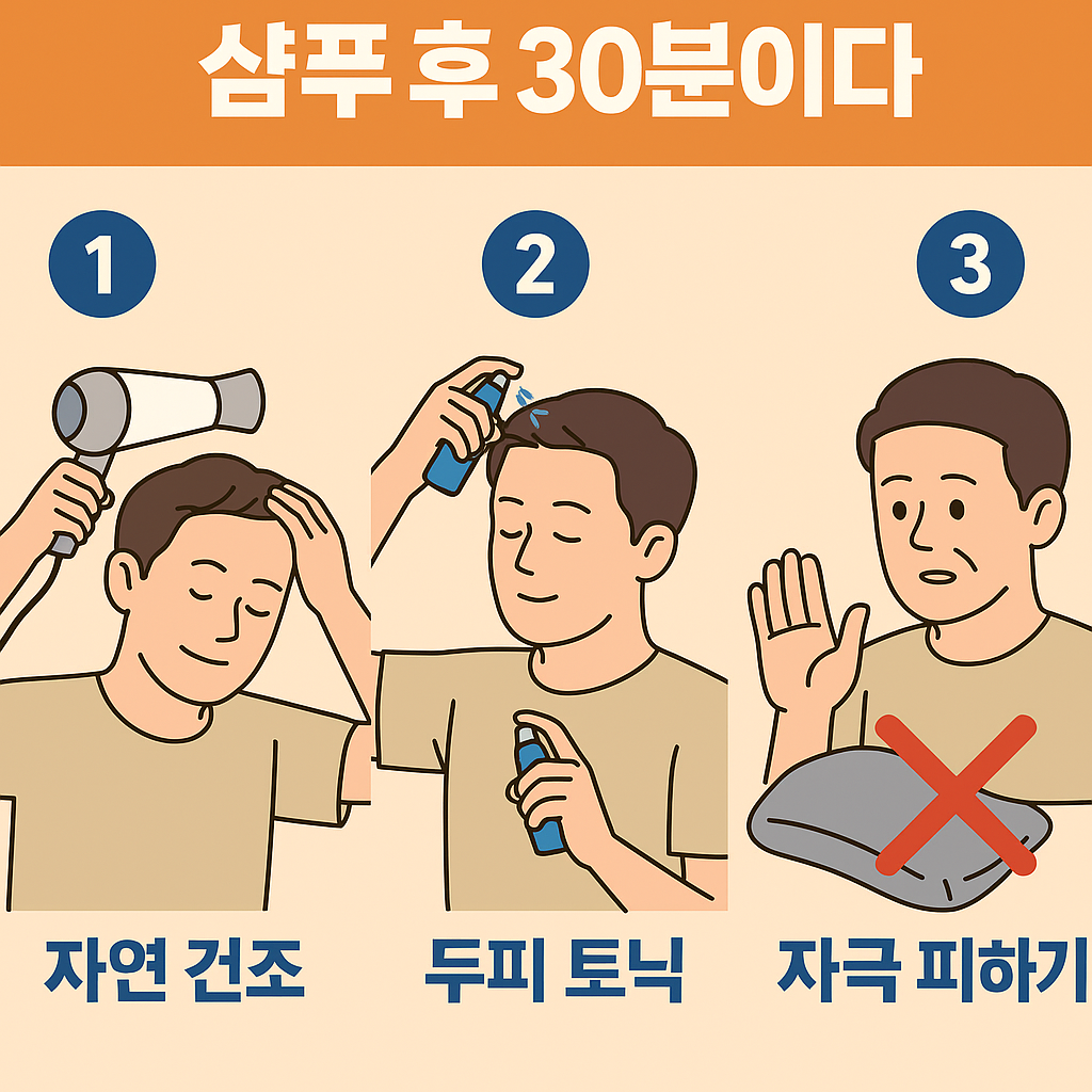샴푸 후 30분 동안 두피 열 자극을 줄이고 토닉을 도포하는 루틴을 안내하는 한국어 인포그래픽 스타일 일러스트