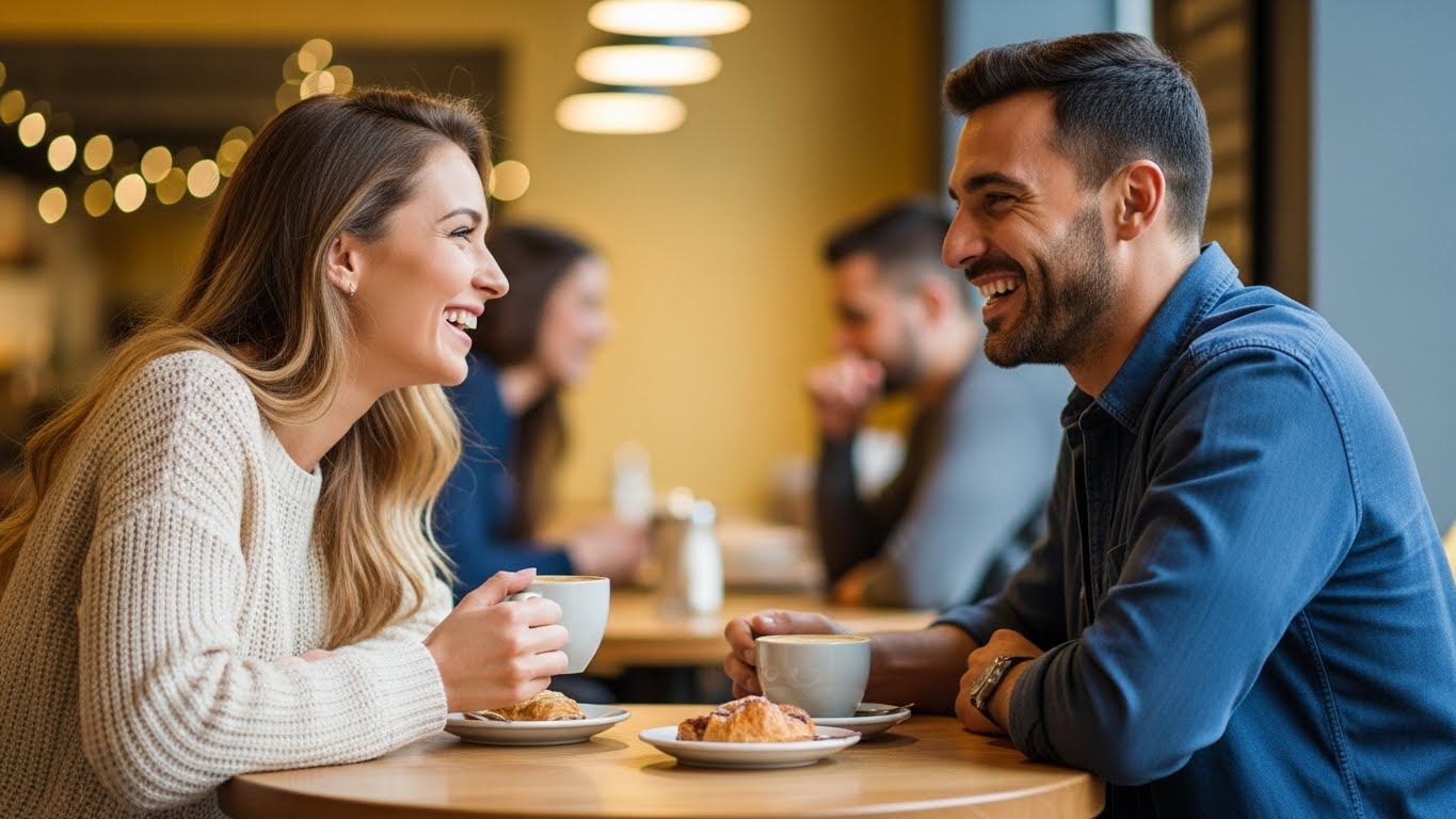 Two friends sitting at a cafe table, facing each other and talking happily. Warm atmosphere of connection and conversation. Soft lighting.