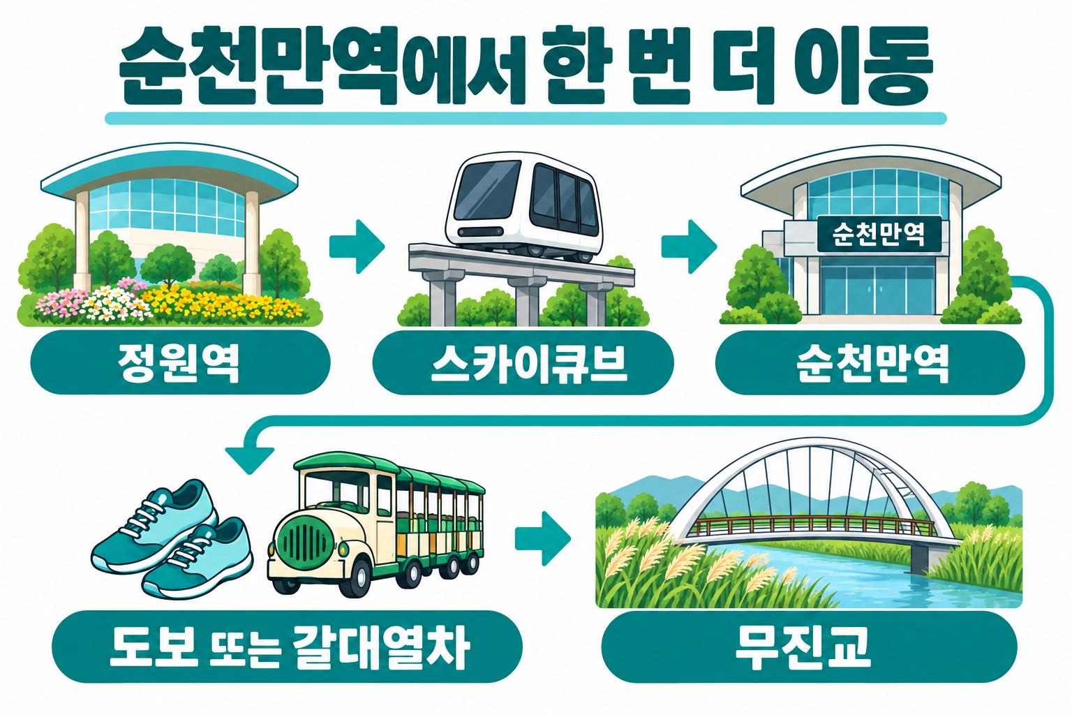 정원역에서 스카이큐브를 타고 순천만역에 내려 도보 또는 갈대열차로 무진교까지 가는 순서