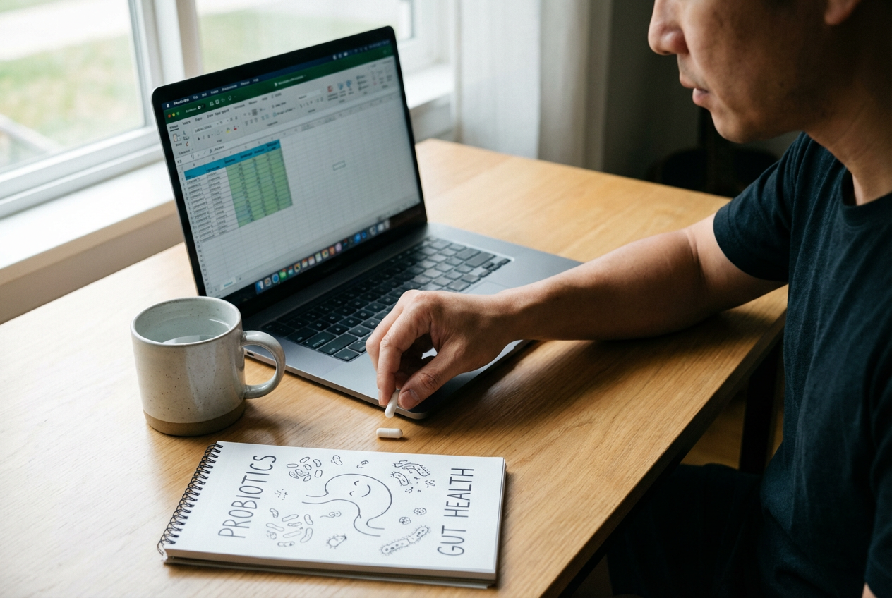 노트북 앞 책상에서 한국인 직장인이 물컵과 함께 유산균 캡슐을 집어 들며 &lsquo;PROBIOTICS &middot; GUT HEALTH&rsquo;라고 적힌 노트를 펼쳐 장 건강 루틴을 점검하는 모습.