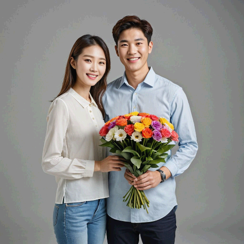 꽃다발을 선물하는 부부
