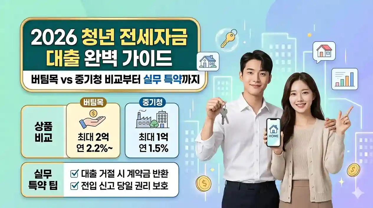 2026년 청년 전세자금 대출 완벽 가이드 메인 썸네일. '버팀목 vs 중기청 비교부터 실무 특약까지'라는 제목과 함께, 버팀목 대출(최대 2억, 연 2.2%~), 중기청 대출(최대 1억, 연 1.5%)의 상품 비교표가 포함되어 있음. 하단에는 '대출 거절 시 계약금 반환', '전입신고 당일 권리 보호' 등 실무 특약 팁이 요약되어 있으며, 열쇠를 든 청년 남녀 캐릭터가 웃고 있는 밝은 분위기의 인포그래픽 디자인