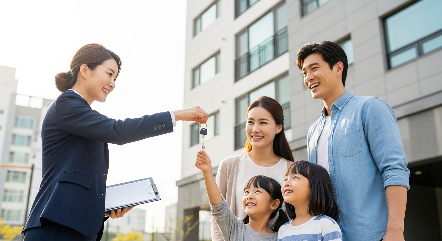 새 아파트 앞에서 부동산 중개인에게 집 열쇠를 건네받으며 기뻐하는 가족의 모습