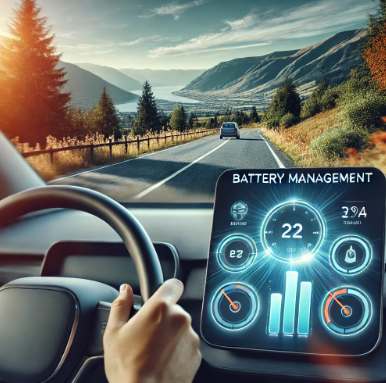활하고 효율적인 여행을 위해 배터리 관리의 중요성을 강조하는 배터리 상태 및 효율성 지표가 포함된 전기 자동차 대시보드를 클로즈업하여 보여줍니다.