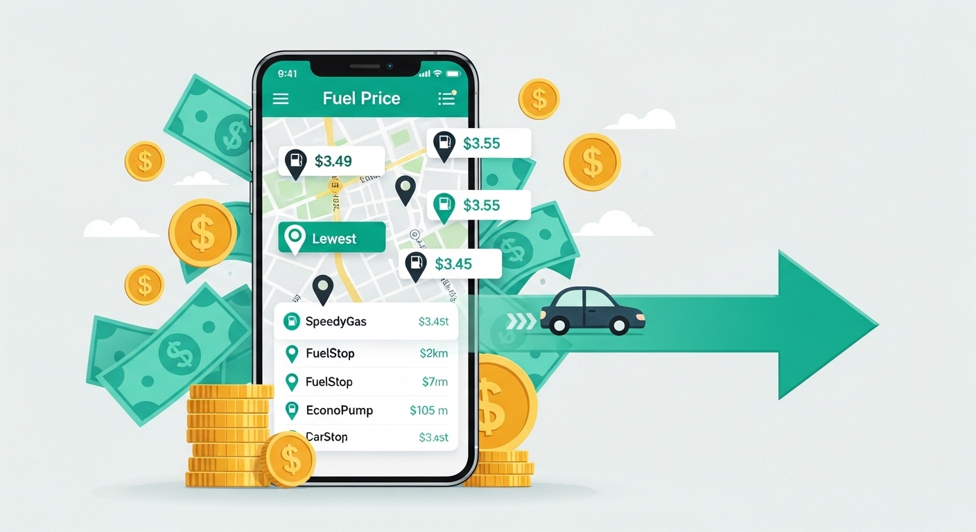 주유 가격 비교 앱을 활용하여 유류비를 절약하는 모습