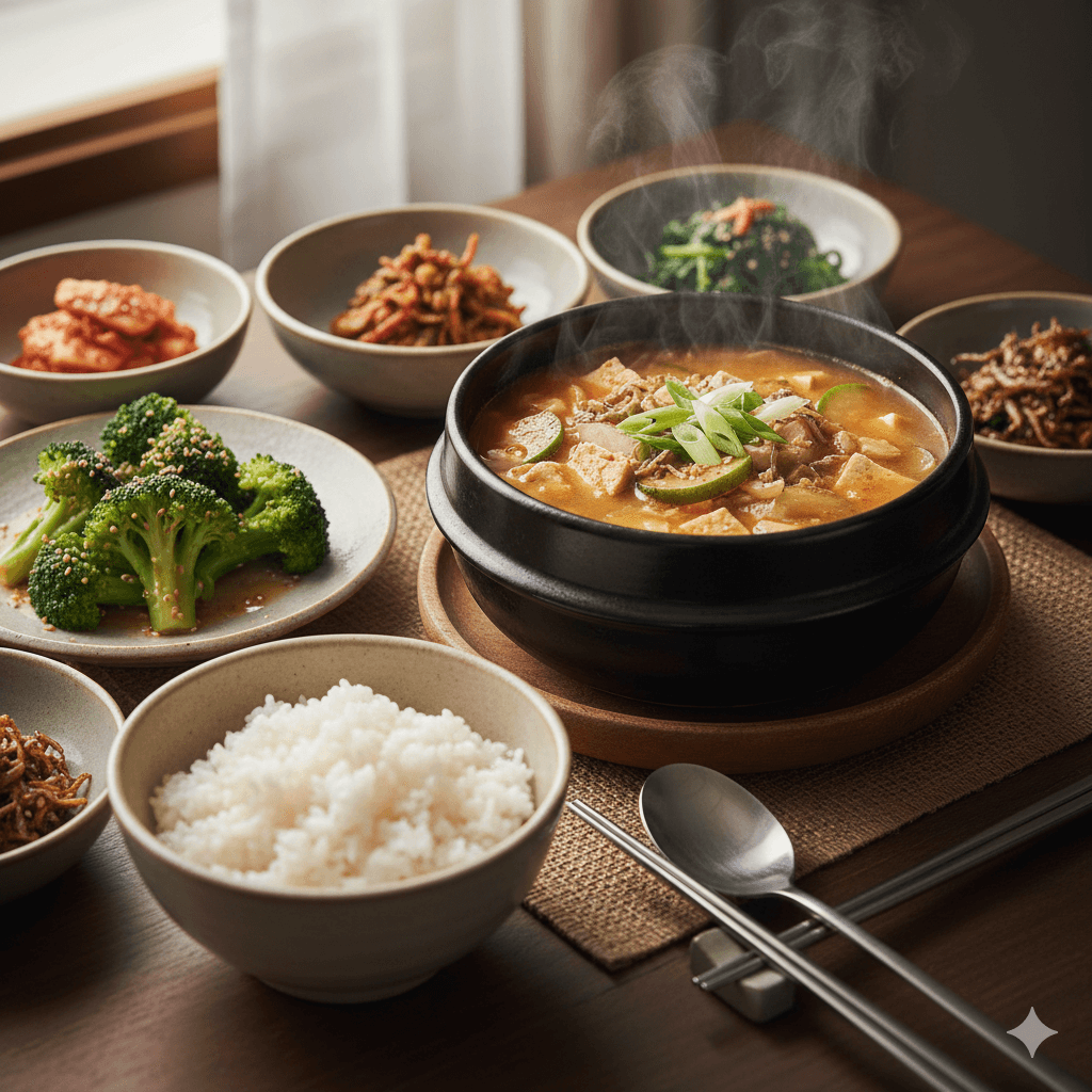 브로콜리와 된장국 한 상차림