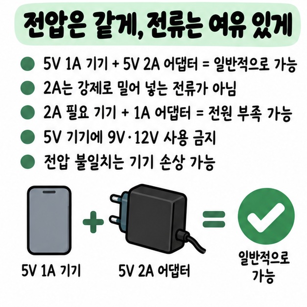 5V 1A 기기에 5V 2A 어댑터는 일반적으로 가능하지만 5V 기기에 9V·12V를 연결하면 안 된다는 호환 카드