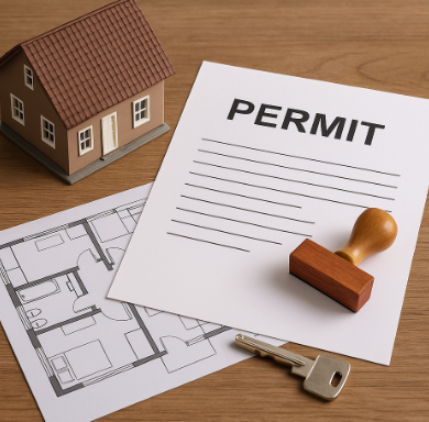 나무 책상 위에 전원주택 모형, 건축허가 서류, 도장, 열쇠, 평면도 설계도가 놓여 있는 장면.