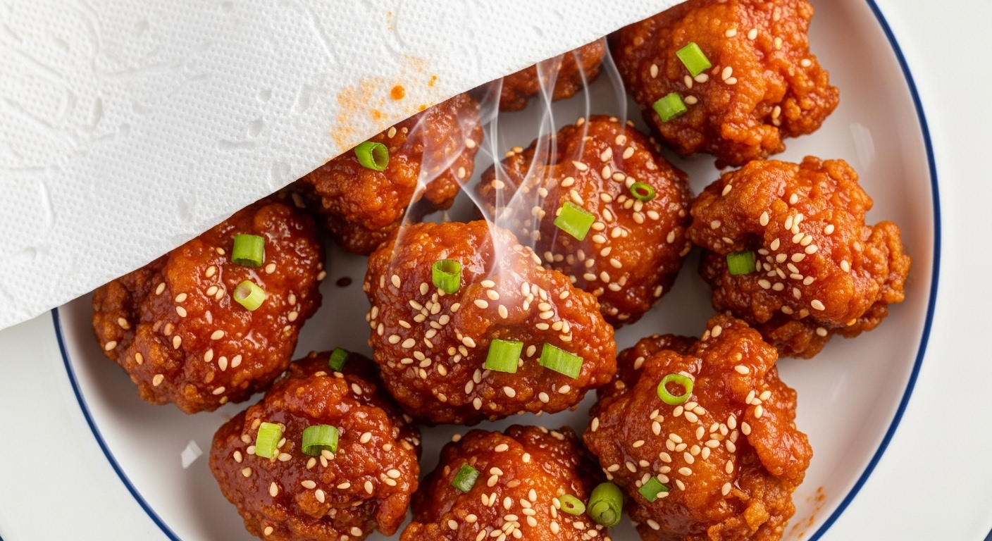 촉촉함을 유지하기 위해 물에 적신 키친타월로 덮어 전자레인지에 데워지는 양념 치킨.