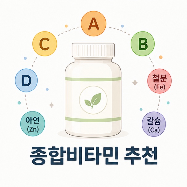 종합비타민과 여러 비타민 및 무기질을 이용해 종합비타민 선택 기준을 소개하는 그림