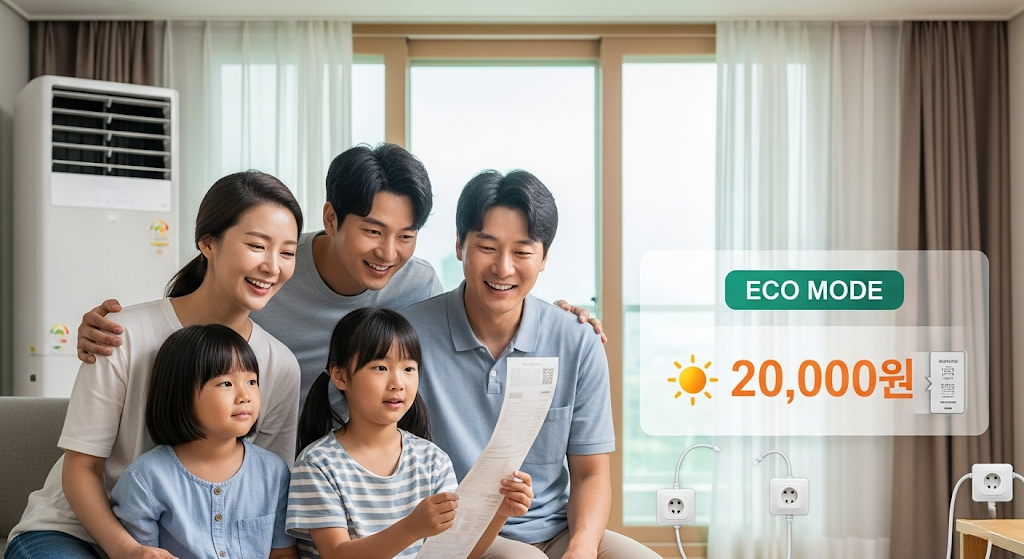 여름 폭염 속에서도 시원한 실내에서 전기요금을 확인하며 안도하는 한국 가족