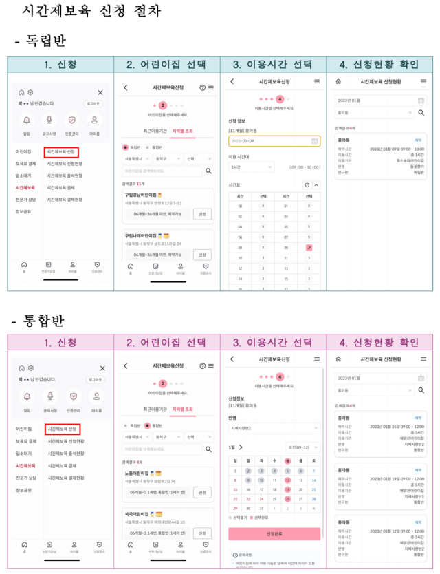 시간제 보육 독립반과 통합반 신청 절차 (출처 : 보건복지부 보도자료 2023.1.11)