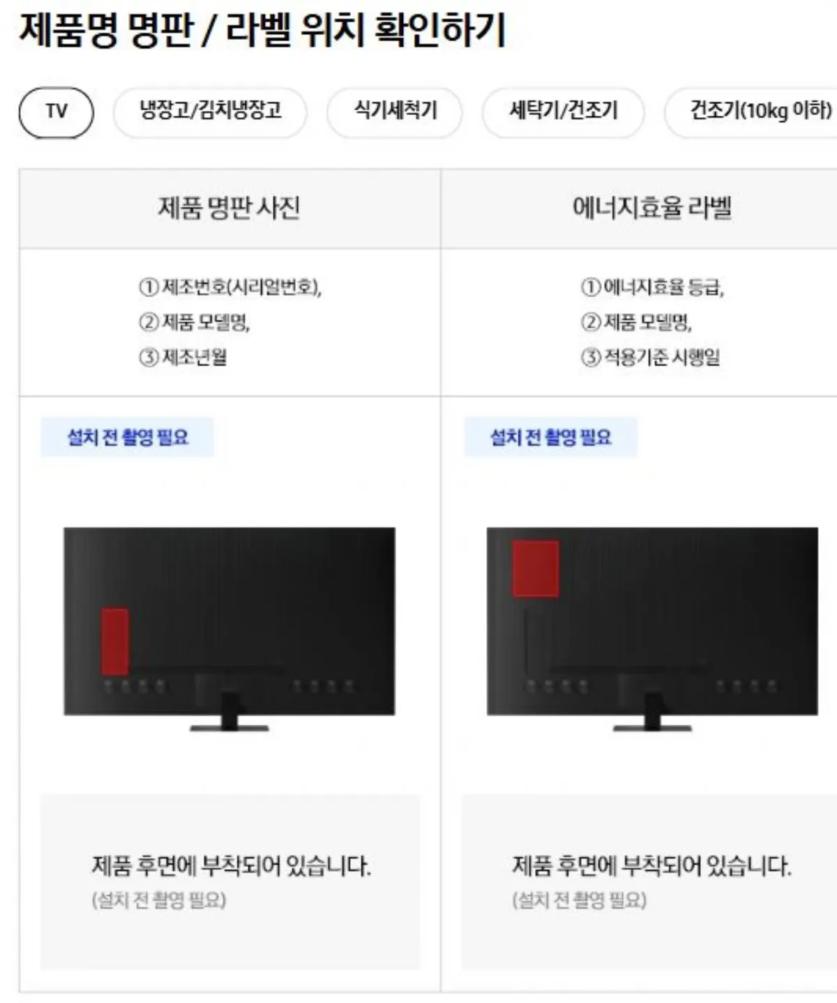 tv 제품 명판 라벨 위치 이미지