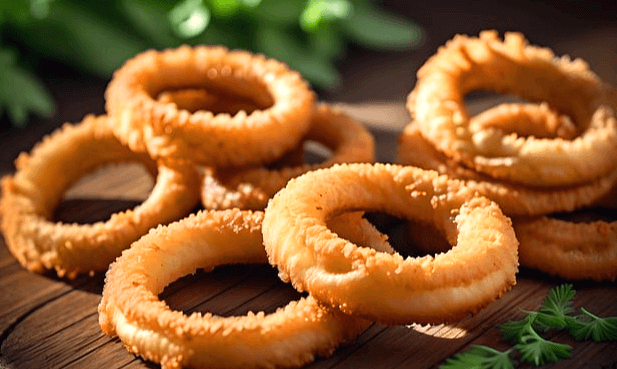 나무 식탁 위에 잘 튀긴 양파링이 가득하다. 둥근 링모양이고 갈색이다.