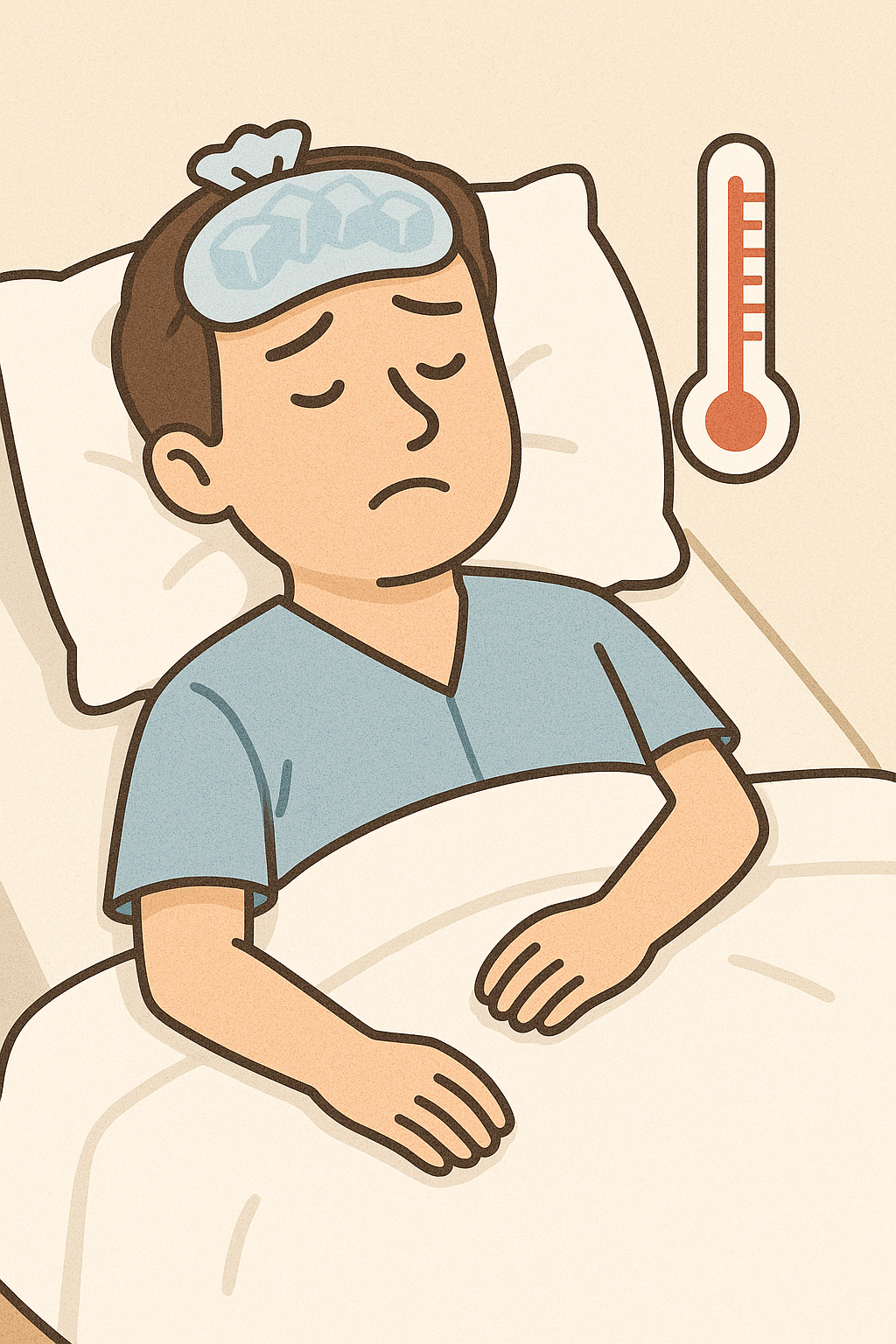 발열로 침대에 누워있는 남성으로 이마에는 얼음찜질을 하고있으며 상단에 온도계 모양이 있음
