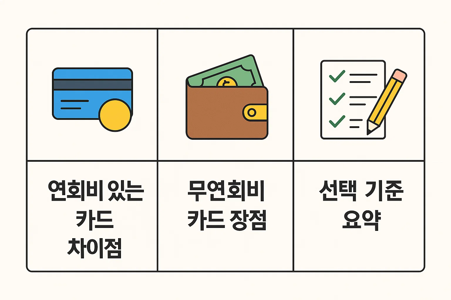 연회비 유무에 따른 카드 차이점, 무연회비 카드 장점, 선택 기준을 요약한 실속형 인포그래픽