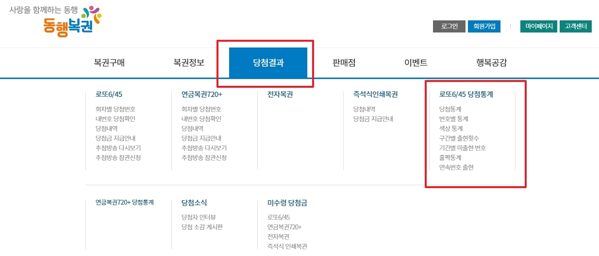 로또 6/45 당첨 통계 메뉴를 확인하는 화면