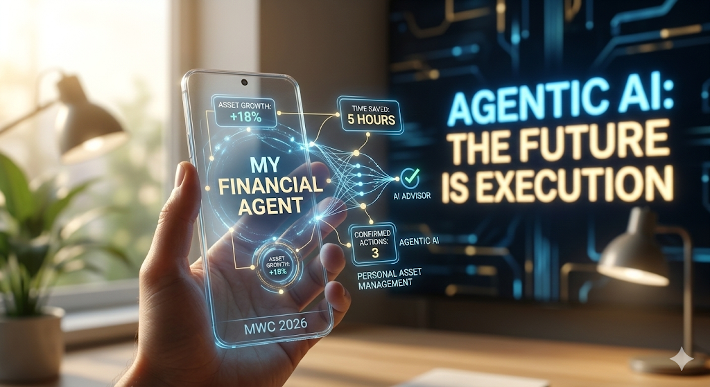 MWC 2026의 에이전틱 AI 기술이 일상 속 자산 관리로 들어온 모습. 투명한 홀로그램 대시보드가 개인 자산 분석과 시간 절약 가치를 보여주는 미래형 이미지