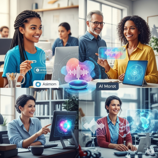 AI 음성 인식 기술이 인간과 AI의 협력을 강화하고 새로운 소통 시대를 여는 모습을 보여주는 개념 이미지